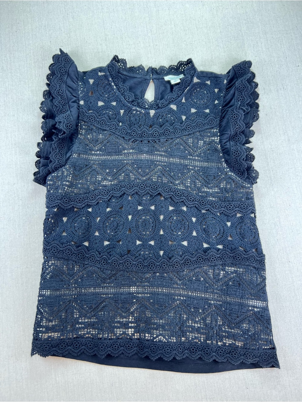 Woman’s Black Crocheted Ruffled Mock Neck Flutter Cap Sleeveless Top - Size S